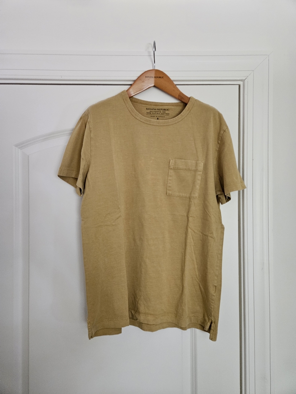 Mustard Wash Cotton Tee With Patch Pocket.